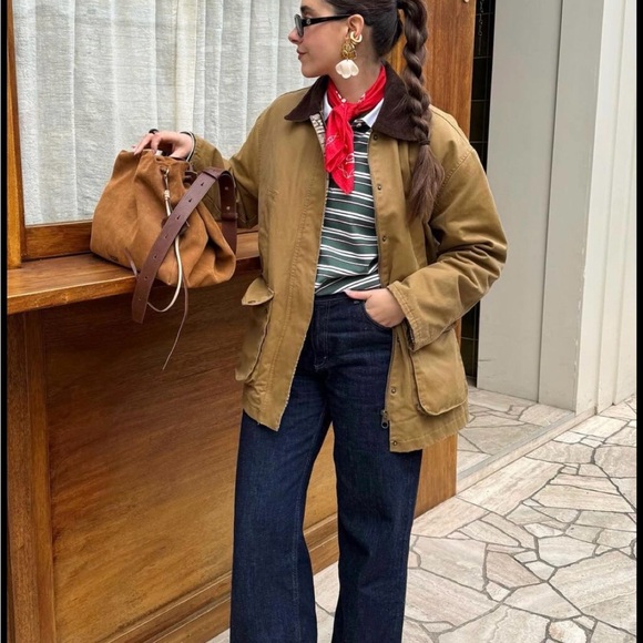 NWOT Old Money Preppy Boho‎ Old Navy Canvas Barn Jacket Tan with Brown Collar M - Picture 2 of 7